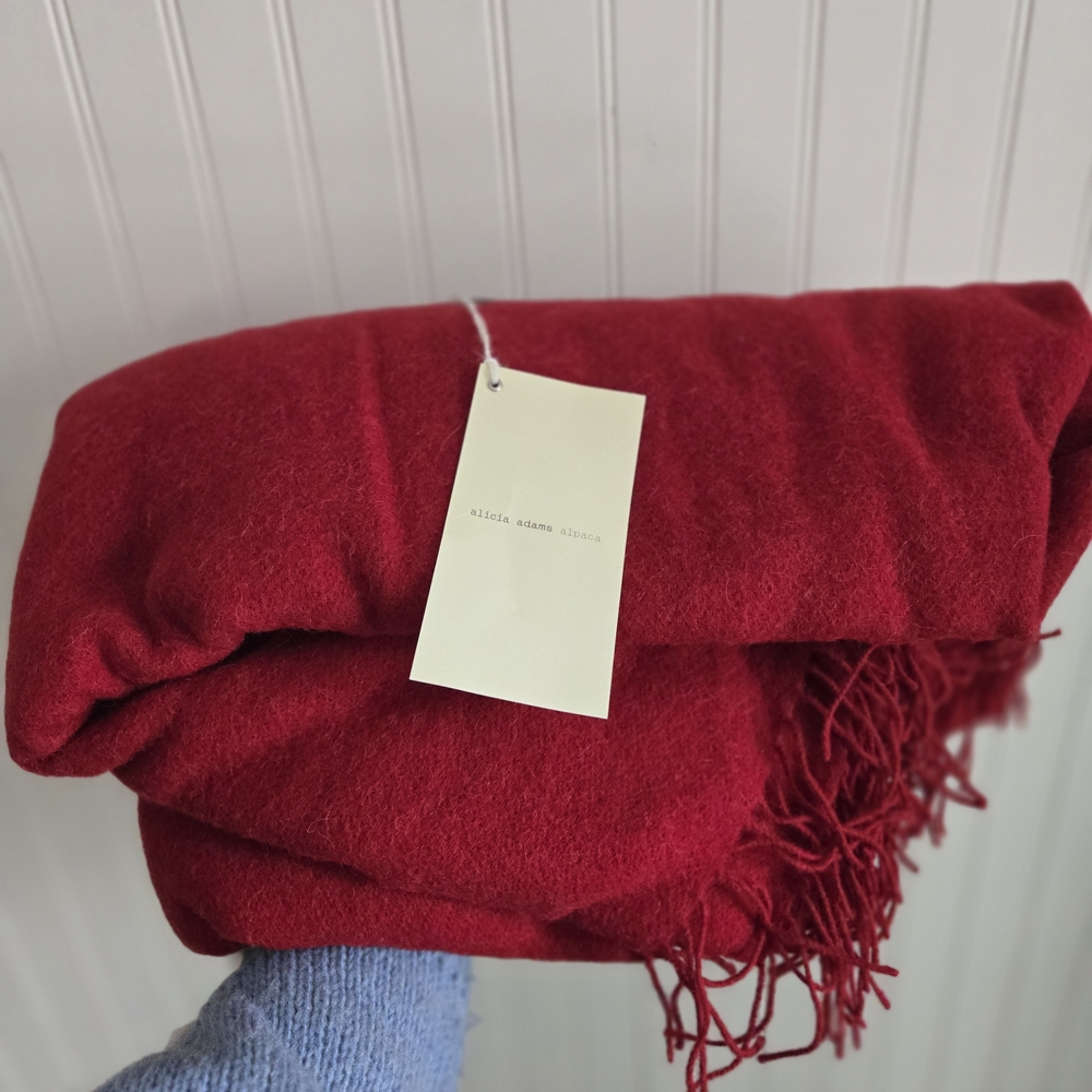 Nwt Alicia Adams Alpaca Red Accent Throw Blanket With Fringe Natural Fibers